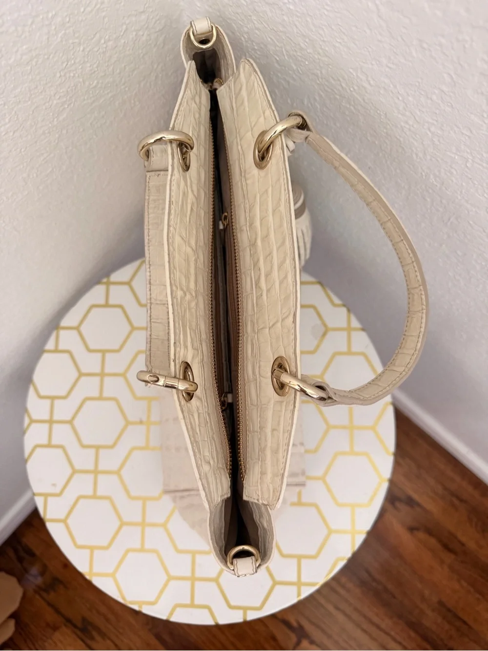 Brahmin Cream Croc-Embossed Tote with Tassel